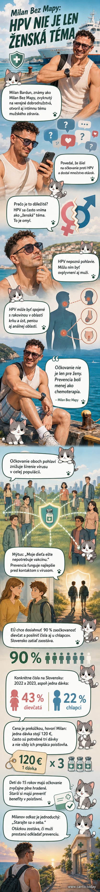 Ilustrácia známeho influencera Milana Bez Mapy s vakcínou proti HPV, na pozadí ikony zdravia a svetovej mapy.
