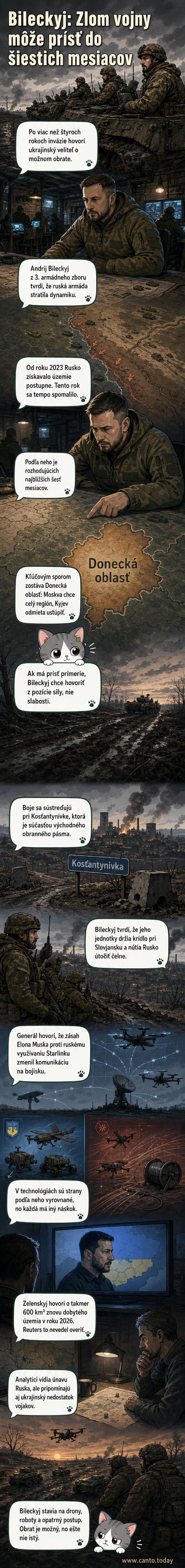 Brigádny generál Andrij Bileckyj stojí v podzemnom stanovišti na severe Ukrajiny, za ním mapa frontovej línie a symbolické znázornenie dronov a robotických jednotiek.