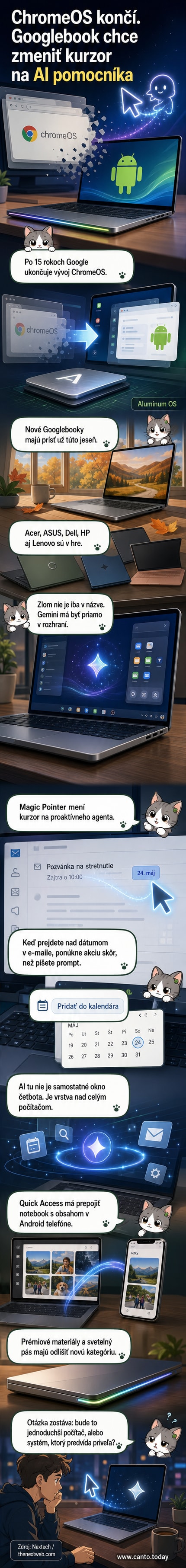 Ilustrácia nového Googlebooku s plovúcou svetelnou plochou a kurzorom, ktorý sa mení na AI asistenta pri prejazde nad kalendárom a e-mailom.