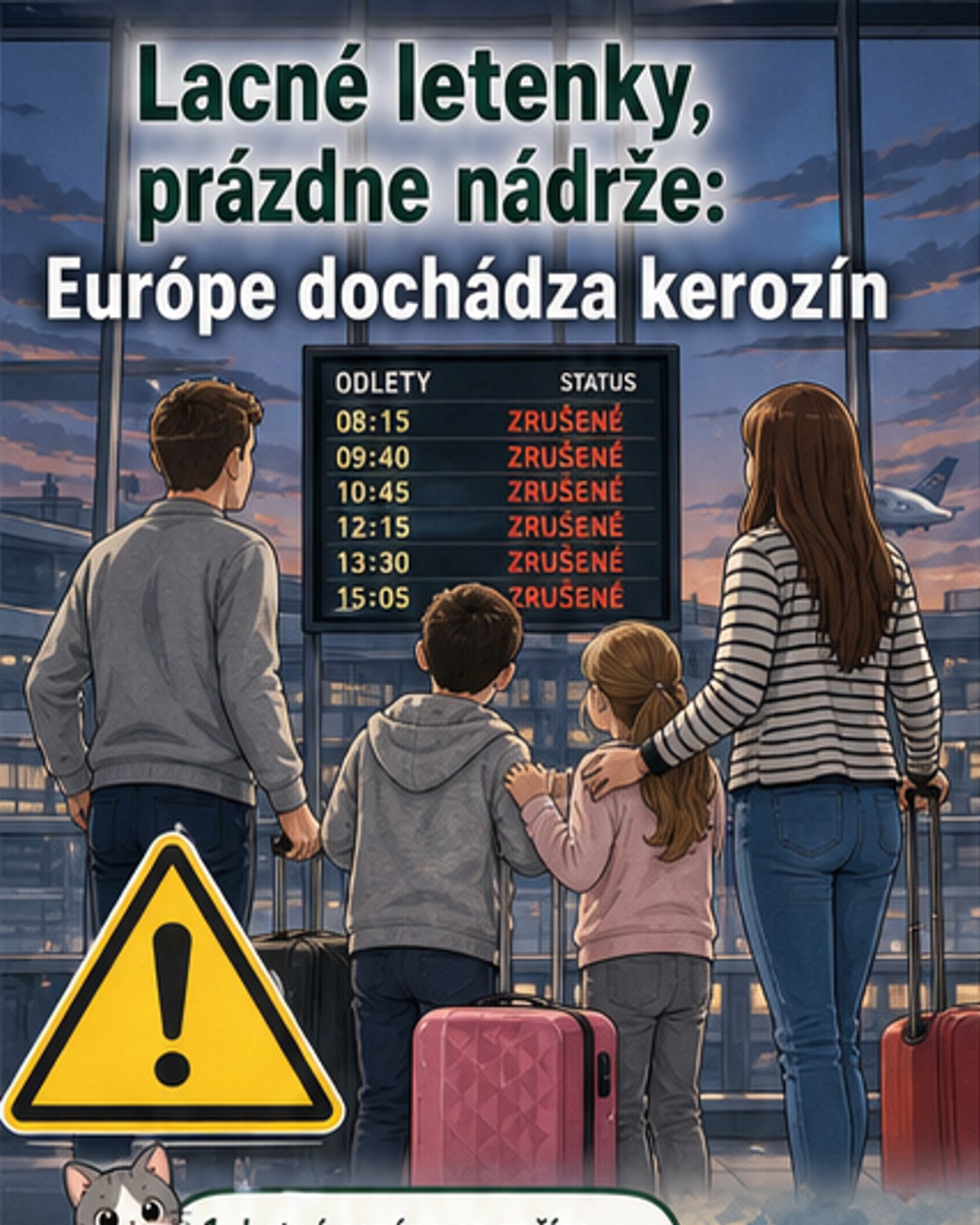Ilustrácia ukazuje dlhú radu lietadiel na letisku s červeným nápisom 'Nedostatok paliva', na pozadí plávajú ropné tankery v prielive.