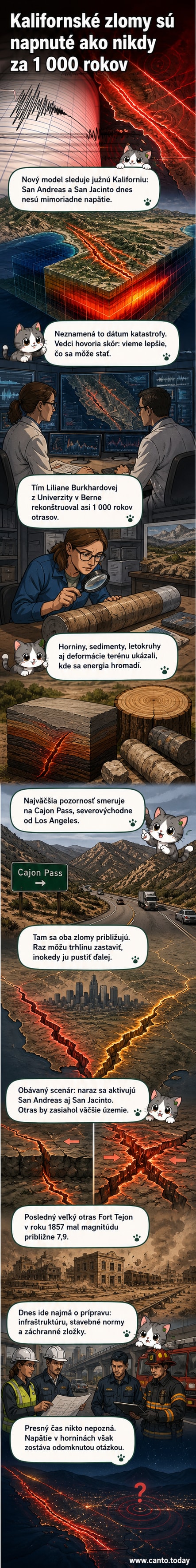 Ilustrácia ukazuje napätie v tektonických doskách pod Kaliforniou, kde sa zlomy San Andreas a San Jacinto približujú v oblasti Cajon Pass – vizualizácia potenciálneho masívneho zemetrasenia.
