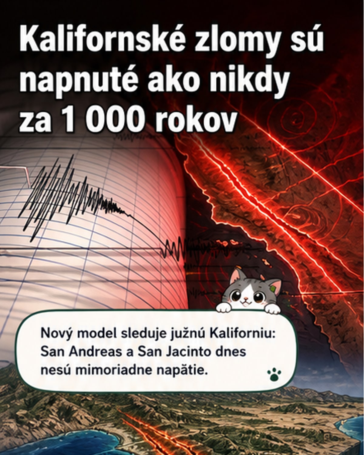 Ilustrácia ukazuje napätie v tektonických doskách pod Kaliforniou, kde sa zlomy San Andreas a San Jacinto približujú v oblasti Cajon Pass – vizualizácia potenciálneho masívneho zemetrasenia.