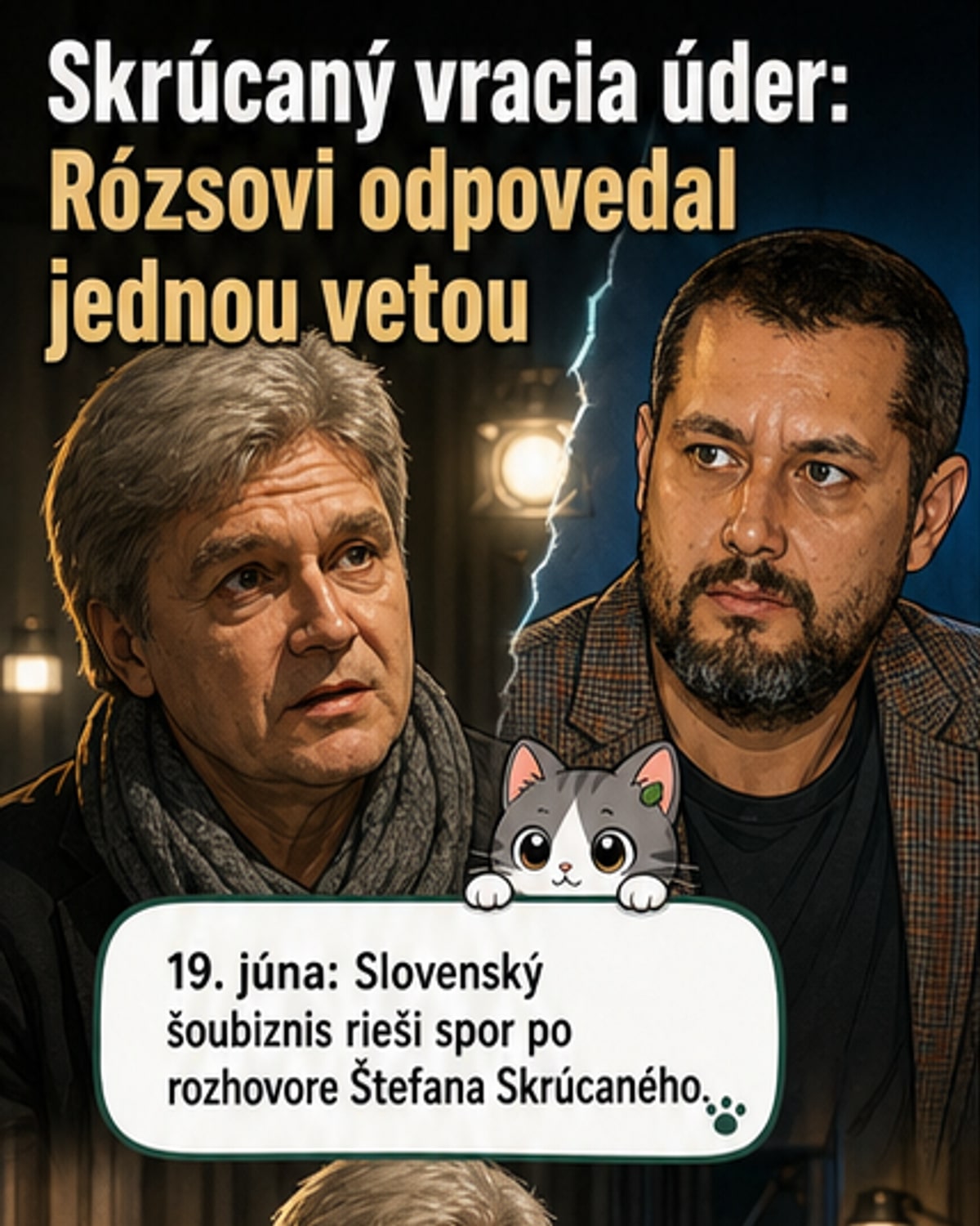Ilustrácia dvoch postáv – herec v kabaretnom štýle a dirigent s taktovkou – otočených chrbtom k sebe, medzi nimi roztrhnutý plagát so slovami „priemerný“ a „podpriemerný“.