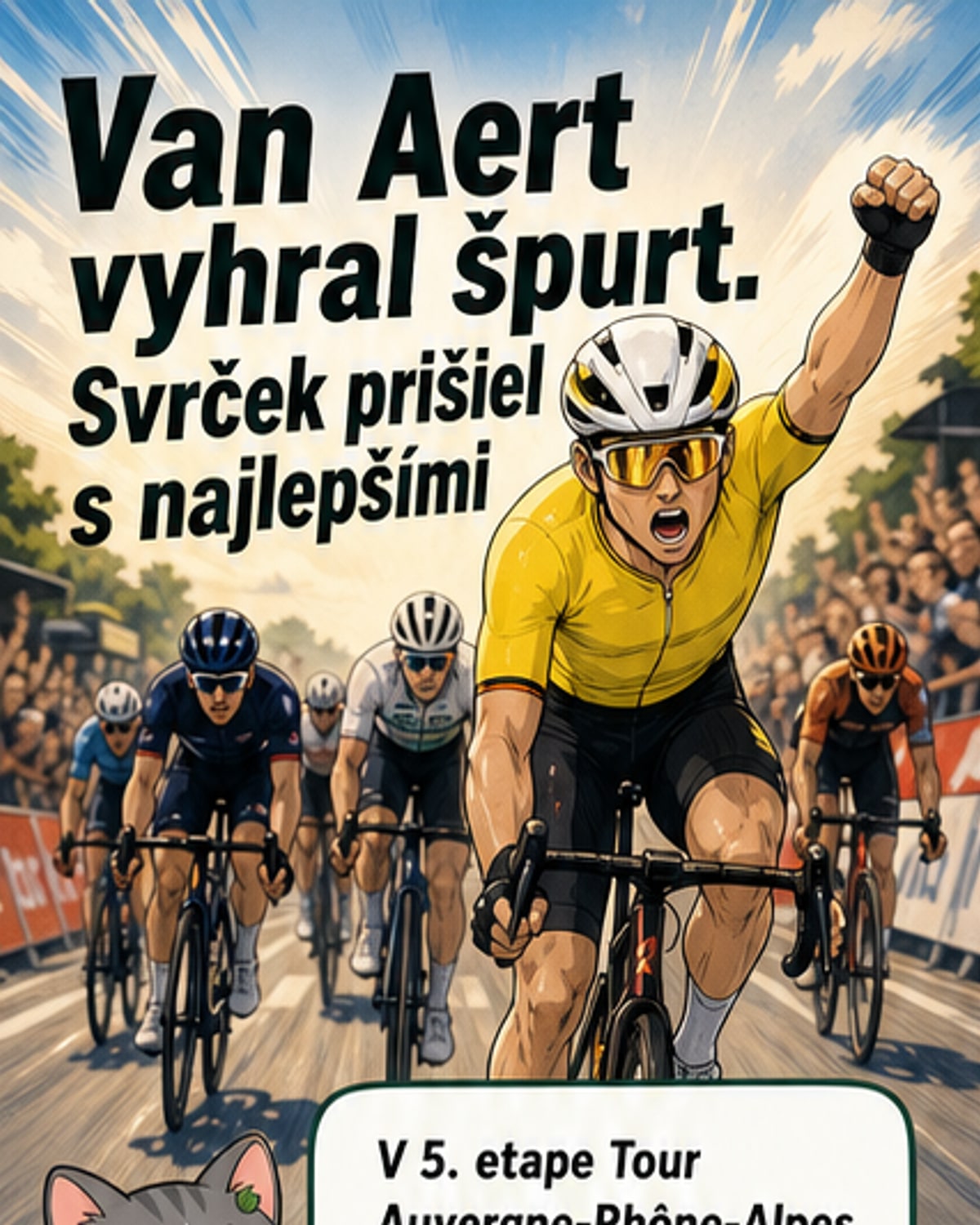 Wout van Aert na bicykli triumfuje po víťazstve v piatej etape Tour Auvergne-Rhône-Alpes 2026, za ním sa blížia súperi v špurte