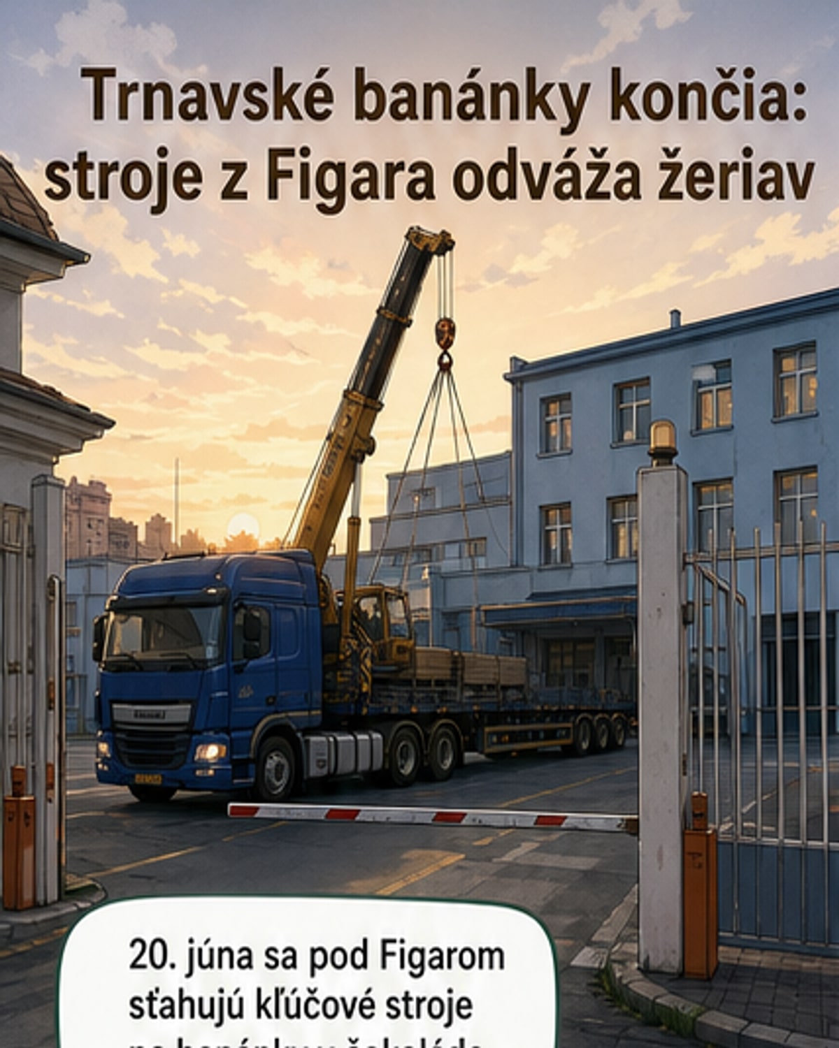 Žeriav v areáli bývalej továrne Figaro v Trnave počas odstraňovania výrobných strojov, na pozadí ulica s dopravnými obmedzeniami.
