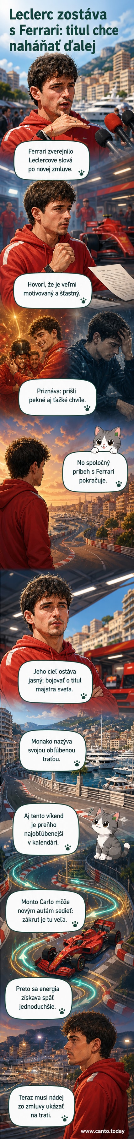 Charles Leclerc v obleku Ferrari stojí pred červeným vozidlom F1 na trati v Monaku, s rukami na hrudníku, pozadí má zástavy a dav fanúšikov.
