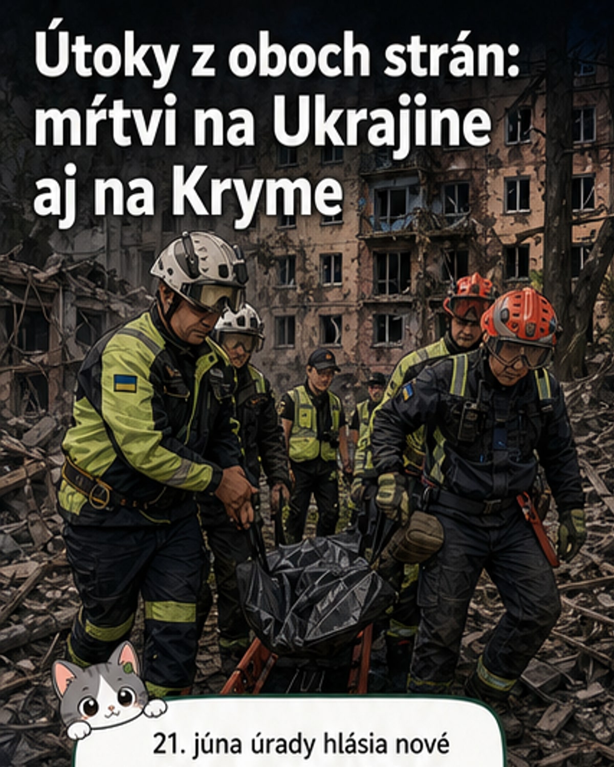 Záchranári vytahujú telo zo zrúcaného bytového domu po raketovom útoku v Charkove, 20. jún 2026.