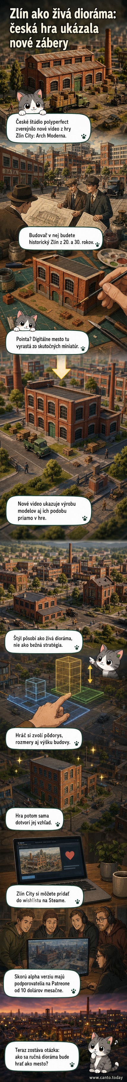 Snímka z hry Zlin City: Arch Moderna ukazuje mestskú scénu so stavebnými blokmi v štýle živej diorámy, s miniatúrnymi budovami a dynamickým osvetlením.