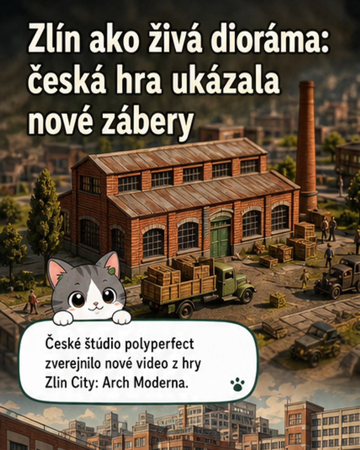 Snímka z hry Zlin City: Arch Moderna ukazuje mestskú scénu so stavebnými blokmi v štýle živej diorámy, s miniatúrnymi budovami a dynamickým osvetlením.