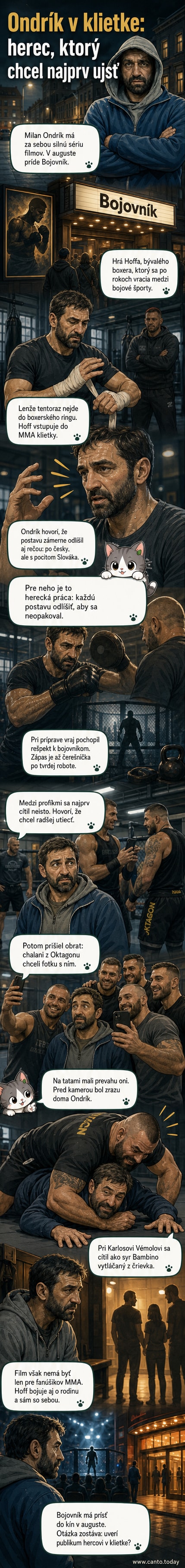 Milan Ondrík v bojovom oblečení na pozadí MMA klietky, s výrazom koncentrácie a únavy.