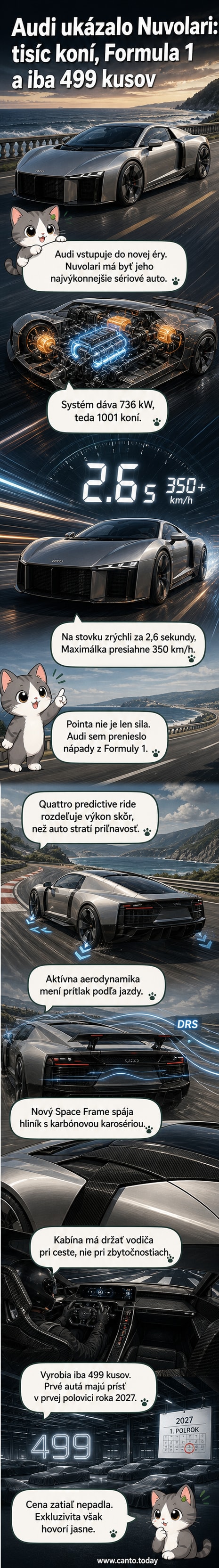Audi Nuvolari – červený supersport s nízkym profilom, karbónovými prvkami a futuristickou aerodynamikou na ceste v nočnom meste.