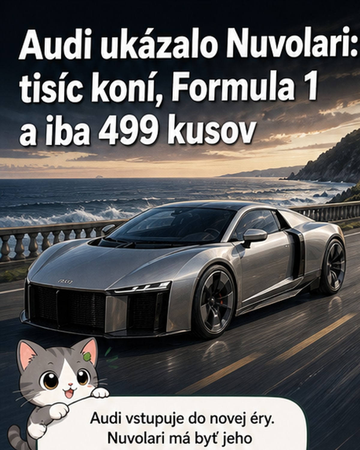Audi Nuvolari – červený supersport s nízkym profilom, karbónovými prvkami a futuristickou aerodynamikou na ceste v nočnom meste.