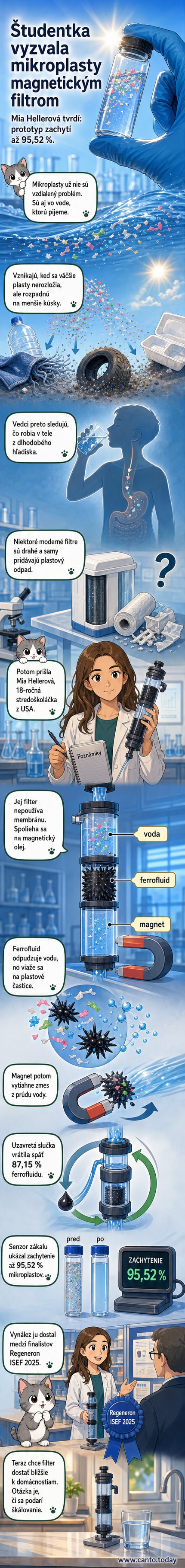 Ilustrácia: mladá dievčina drží skúmavku s čistou vodou, na pozadí schéma filtra s magnetickým olejom a mikroplastami.