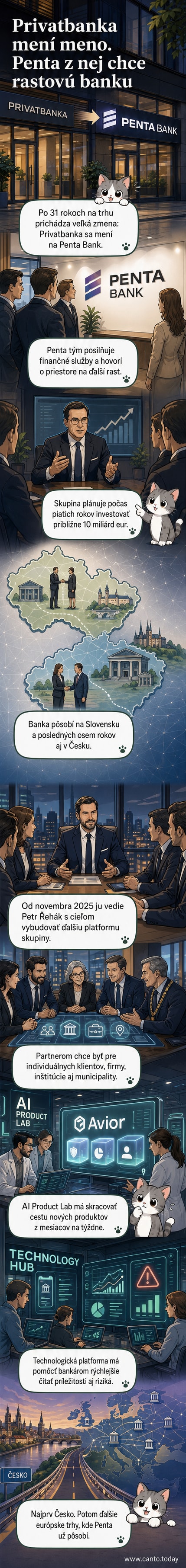 Ilustrácia novej vizuálnej identity Penta Bank s moderným logom a digitálnym rozhraním, na pozadí mapy Európy s označením Slovenska a Česka.
