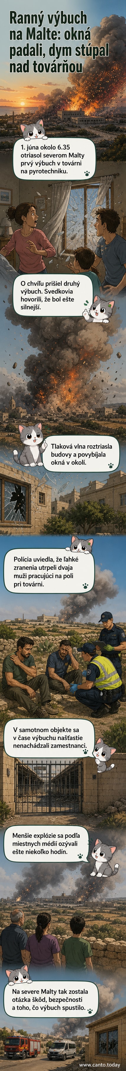 Ilustrácia: Veľký čierny dymový mrak stúpa z priemyselného objektu na ostrove, okolie je pokryté troskami, v popredí ľudia pozorujú dechu.
