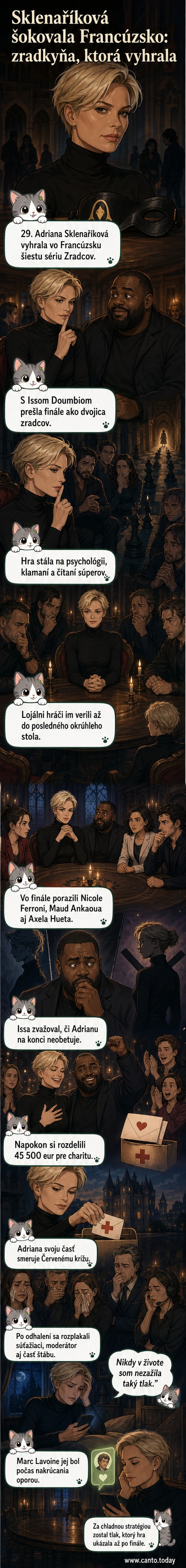 Adriana Sklenaříková stojí na zámku v čiernej koženej bunde, na pozadí je tým šou Zradcovia.