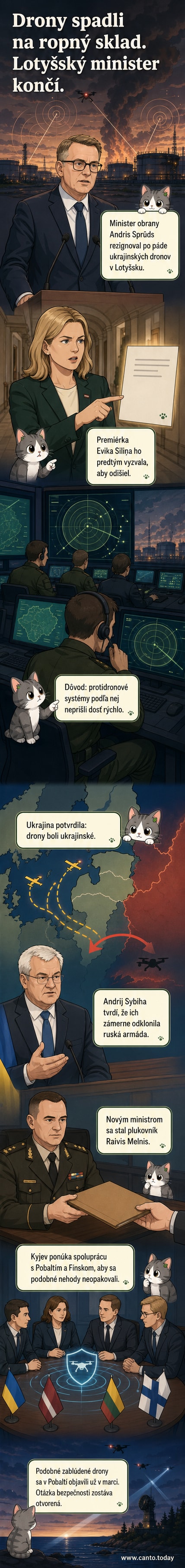 Ilustrácia ukrajinského dronu nad ropným skladom v Lotyšsku, s poplachom a vojenskými jednotkami na mieste.