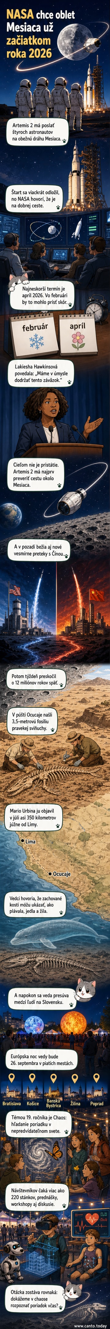 Ilustrácia astronautov na obežnej dráhe Mesiaca, vedľa fosílie veľkej ryby a loga Európskej noci vedy.
