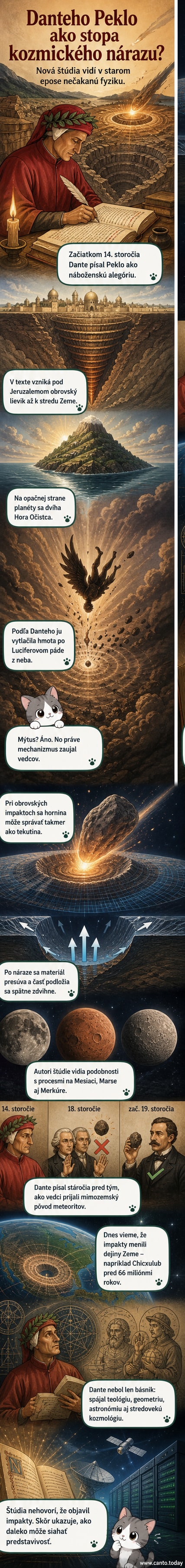 Ilustrácia zobrazuje obrovský kužeľovitý kráter pod Zemou a na druhej strane planéty horu, pričom z neba padá Lucifer – vizuálna interpretácia Danteho Pekla v súvislosti s dopadom asteroidu.