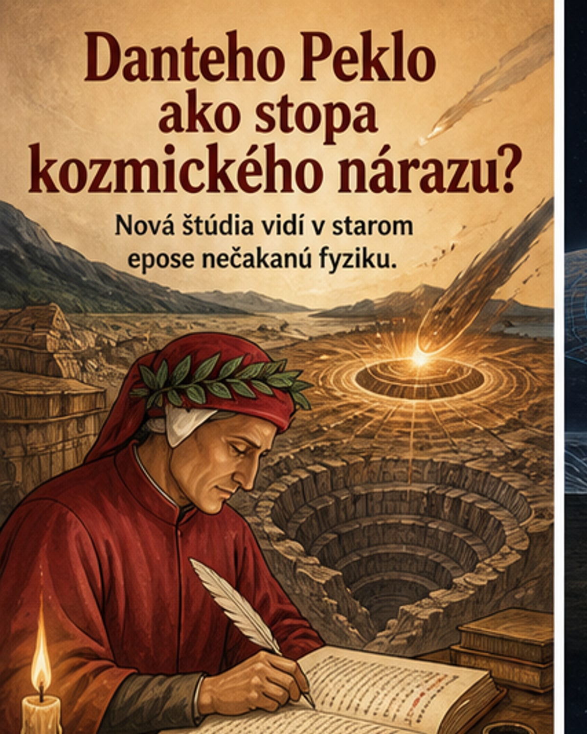 Ilustrácia zobrazuje obrovský kužeľovitý kráter pod Zemou a na druhej strane planéty horu, pričom z neba padá Lucifer – vizuálna interpretácia Danteho Pekla v súvislosti s dopadom asteroidu.