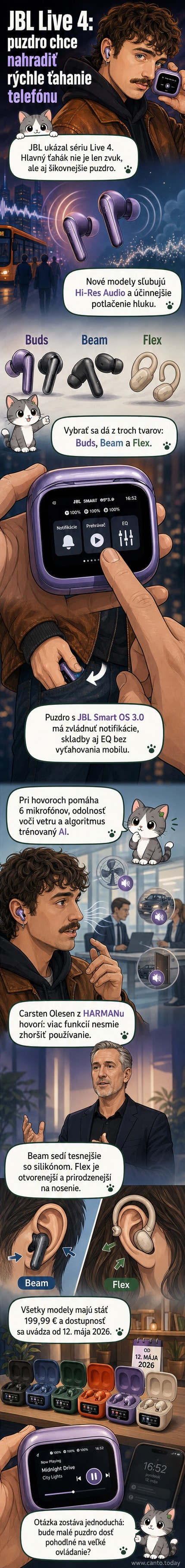 Tria nových bezdrôtových slúchadiel JBL Live 4 – Buds, Beam a Flex – vedľa seba s otvoreným inteligentným puzdrom s dotykovým displejom.
