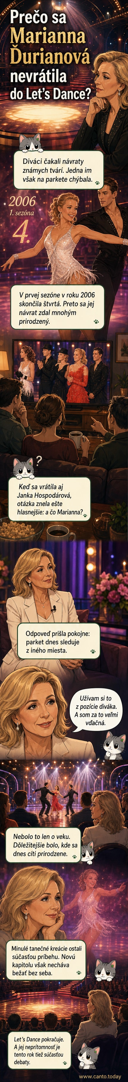 Fotografia Marianny Ďurianovej z moderátorskej doby, na pozadí tanečný parket s reflektorovým osvetlením.