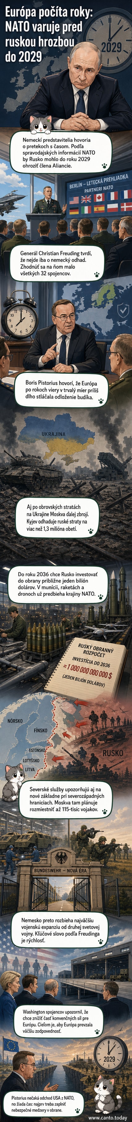 Ilustrácia zobrazuje vojenské jednotky a vybavenie pri hraniciach pobaltských štátov, s mapou Európy a časovou osou smerujúcou k roku 2029.