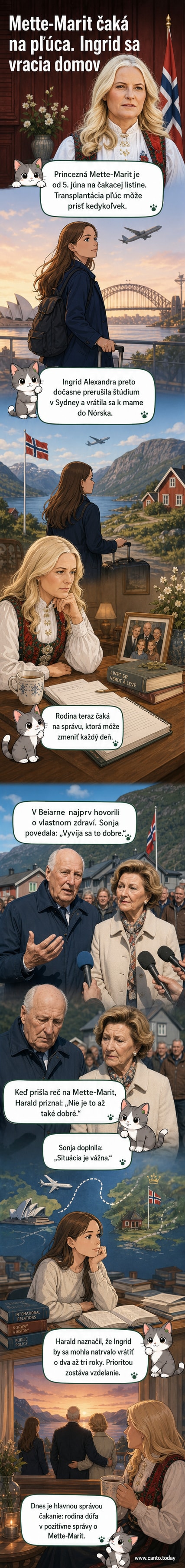 Ilustrácia: Nórska princezná Mette-Marit sedí na lôžku v nemocnici, pozadu je okno s výhľadom na horolezectvo, jej dcéra Ingrid Alexandra stojí pri dverách s taškou.