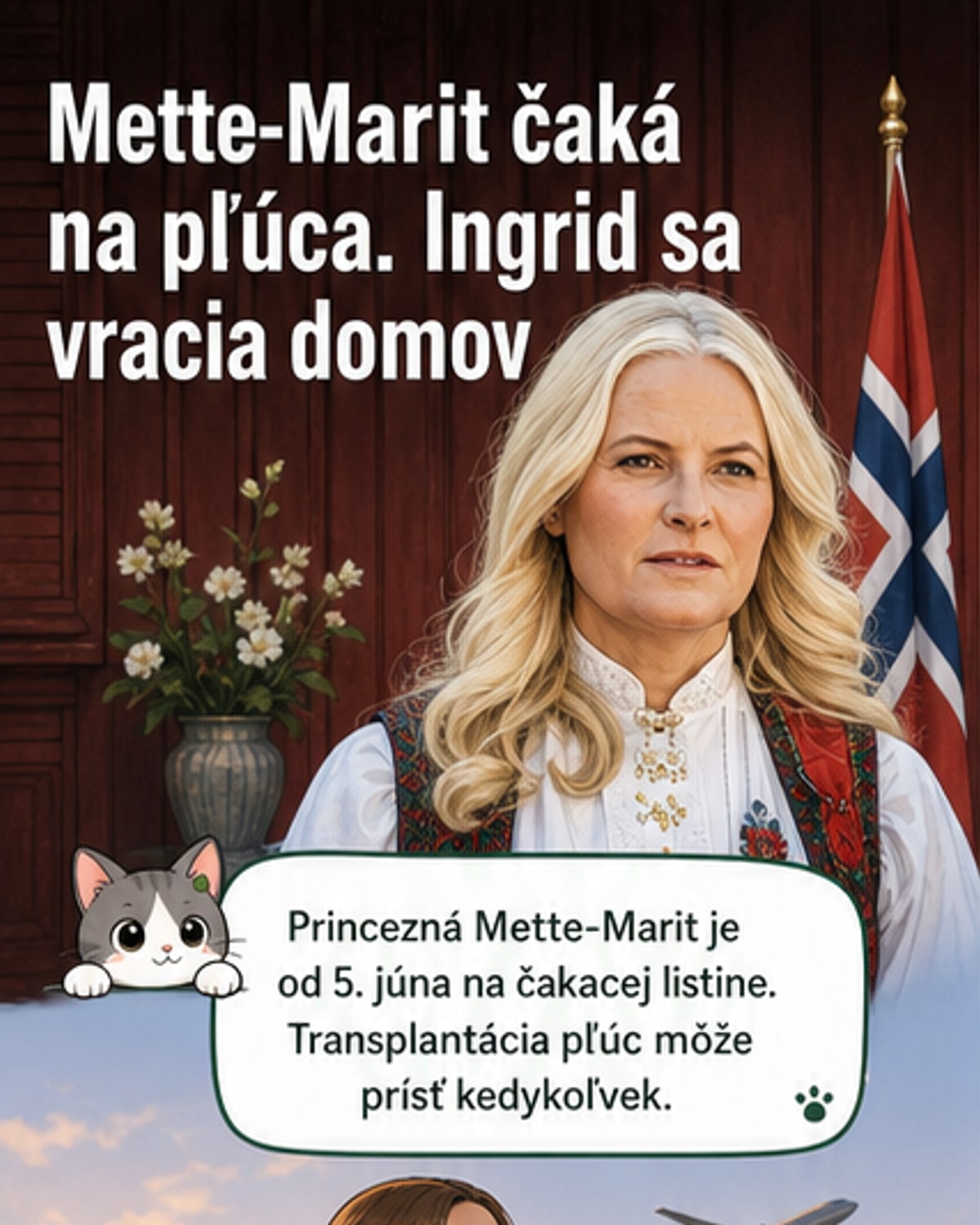 Ilustrácia: Nórska princezná Mette-Marit sedí na lôžku v nemocnici, pozadu je okno s výhľadom na horolezectvo, jej dcéra Ingrid Alexandra stojí pri dverách s taškou.