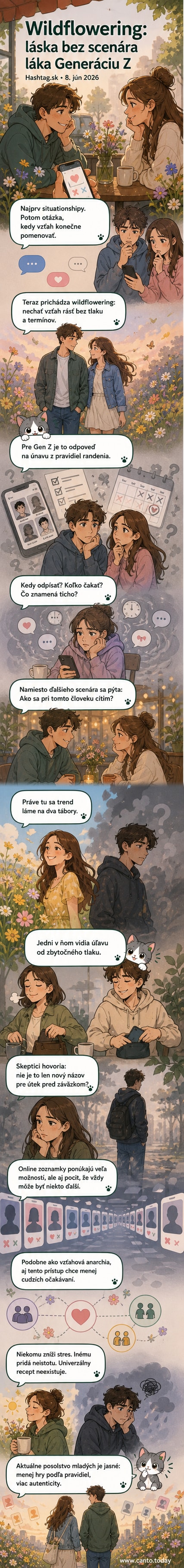 Ilustrácia dvoch mladých ľudí sediacich spolu na lavičke, okolo nich rastú divé kvety symbolizujúce prirodzené kvitnutie vzťahu bez plánovania.