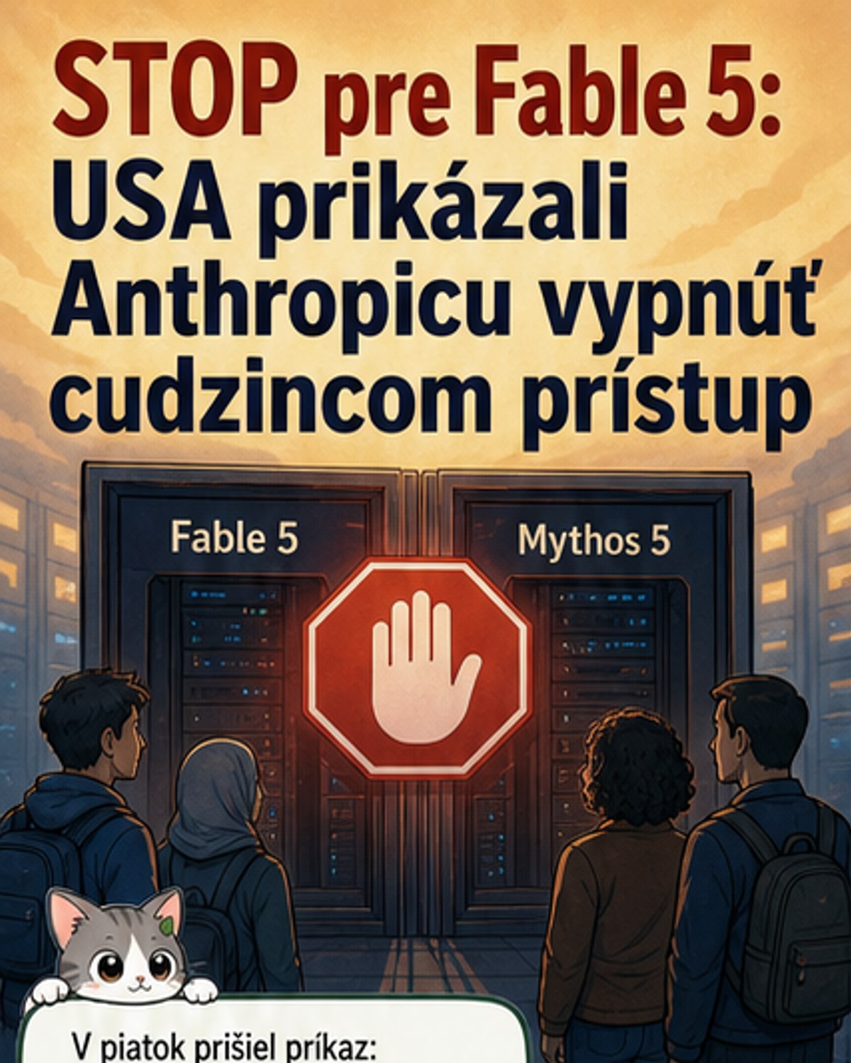 Ilustrácia zobrazuje uzamknutý server s nápisom 'Fable 5' a 'Mythos 5', ktorý blokuje prístup cudzím užívateľom, zatiaľ čo z pozadia sa blíži ikona amerického ministerstva obrany.