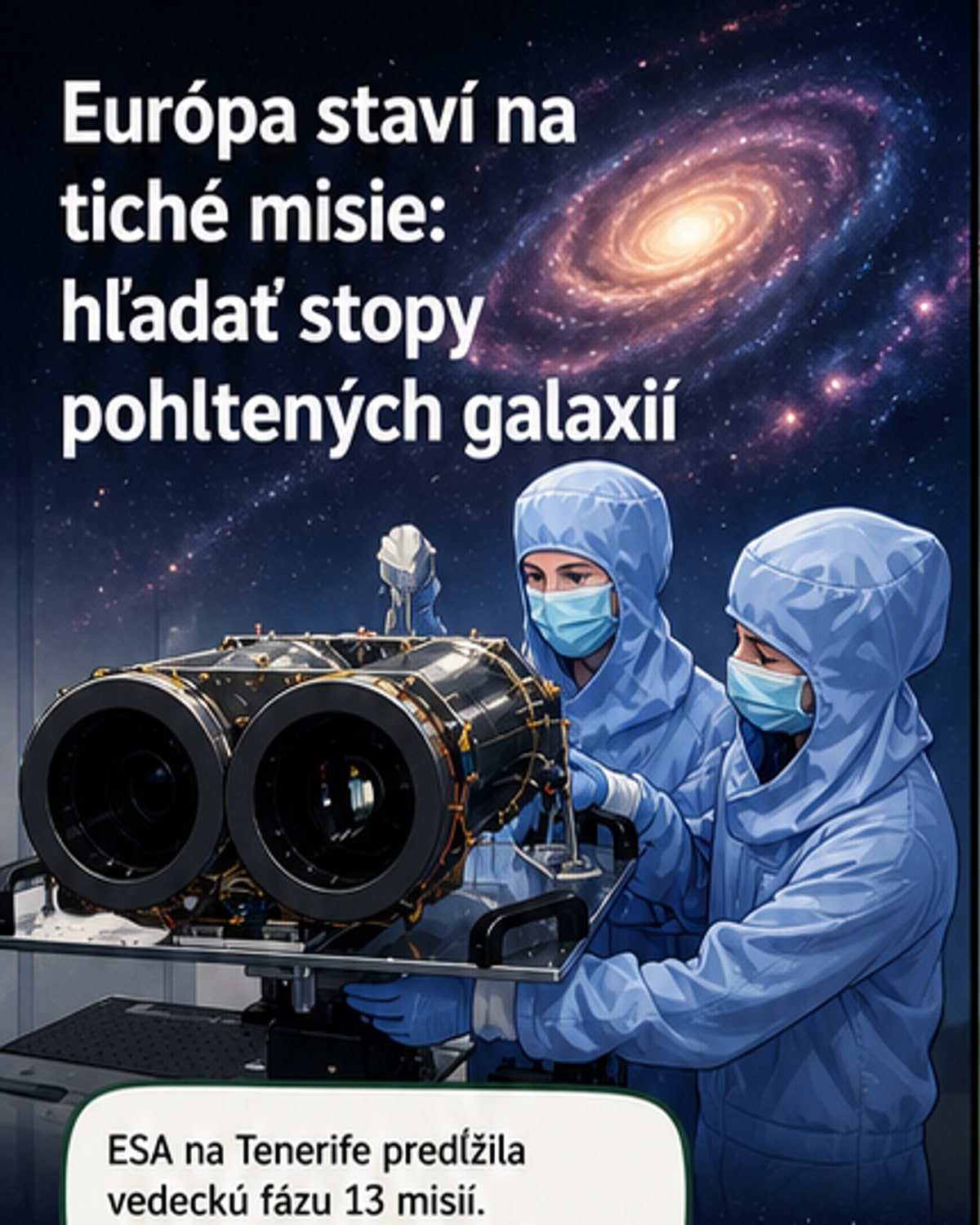 Ilustrácia vesmírnej sondy ESA pri Slnku, s galaxiami a plazmovými tokmi v pozadí