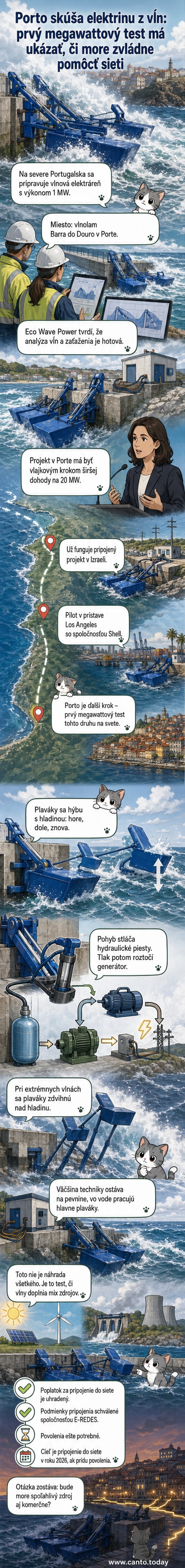 Ilustrácia vlnovej elektrárne v Portugalsku s plavákmi na vlnolame, ktoré využívajú pohyb vĺn na výrobu elektriny.