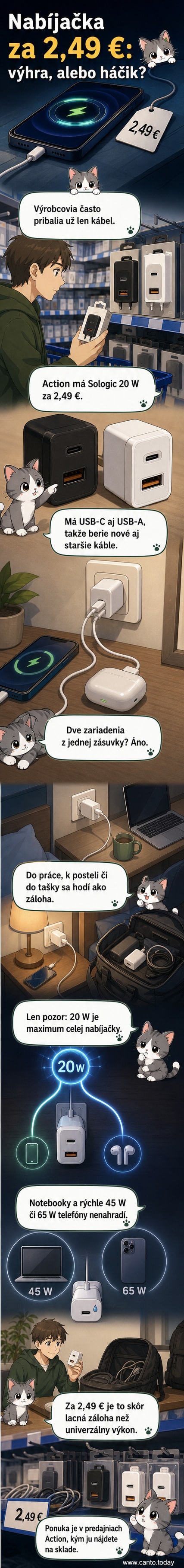 Ilustrácia: malá biela nástenná nabíjačka s dvoma portmi – USB-C a USB-A – vedľa mobilného telefónu a chytrých hodviek, ktoré sa nabíjajú.