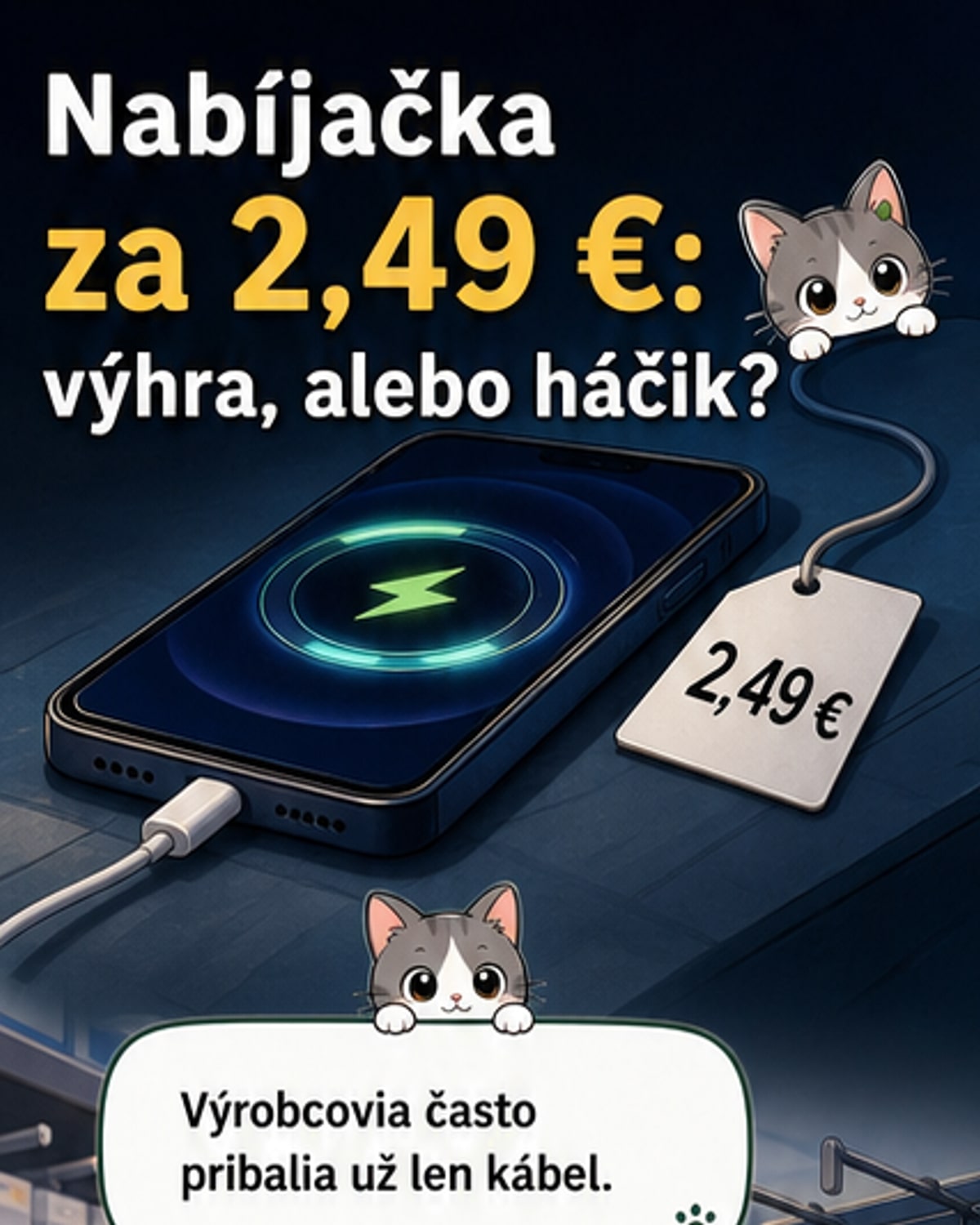 Ilustrácia: malá biela nástenná nabíjačka s dvoma portmi – USB-C a USB-A – vedľa mobilného telefónu a chytrých hodviek, ktoré sa nabíjajú.