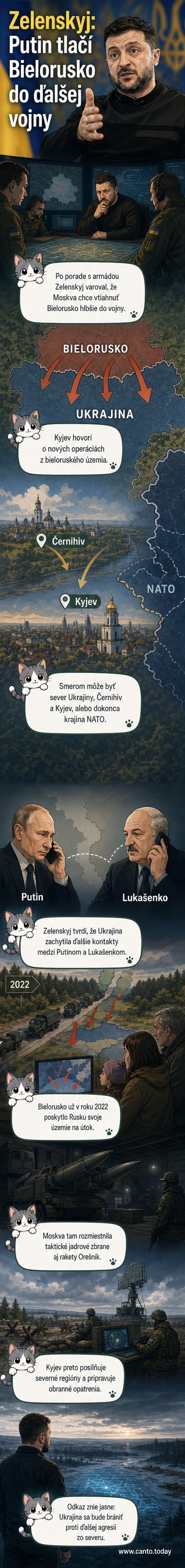 Ilustrácia ukrajinského prezidenta Zelenského varujúceho pred vojenskou hrozbou z bieloruského územia, na pozadí ruské a bieloruské vlajky a vojenské symboly.