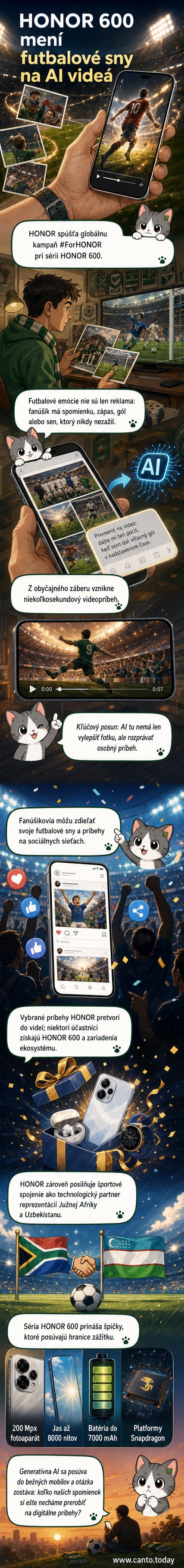 Smartfón HONOR 600 zobrazuje animované video vzniknuté z fotky futbalového zápasu, na pozadí logá kampane #ForHONOR a futbalová tribúna