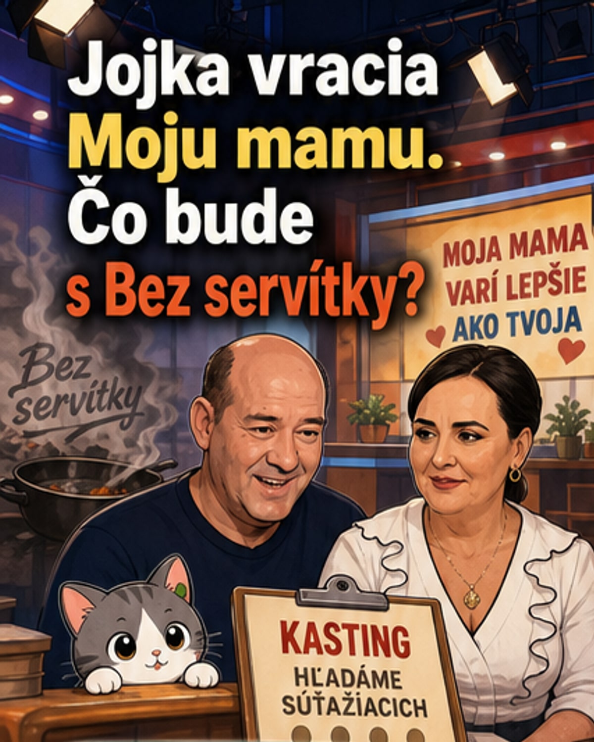 Ilustrácia kuchárskych dvojíc v súťaži, logotyp šou Moja mama varí lepšie ako tvoja a televízne obrazovky s programami Jojky a Markízy.
