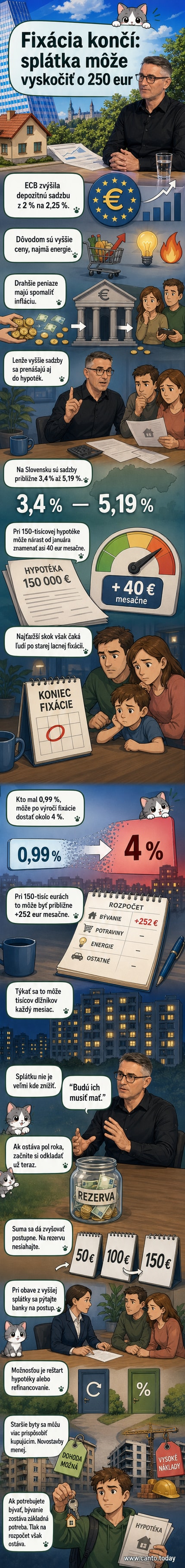 Ilustrácia rodiny pri domových dverách s kalkulačkou a hypotekárnou zmluvou, na pozadí stúpajúca grafická krivka splátok