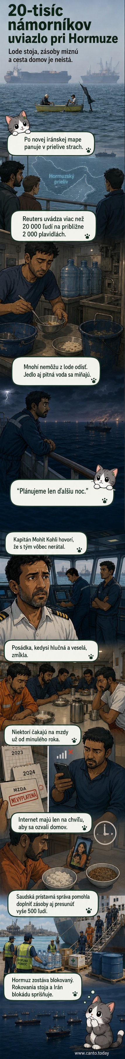 Nákladné lode kotvia v Hormuzskom prielive pri Bandar Abbas v Iráne, na pozadí vidieť čln s mužmi – scéna z oblasti, kde sú tisíce námorníkov uväznení.