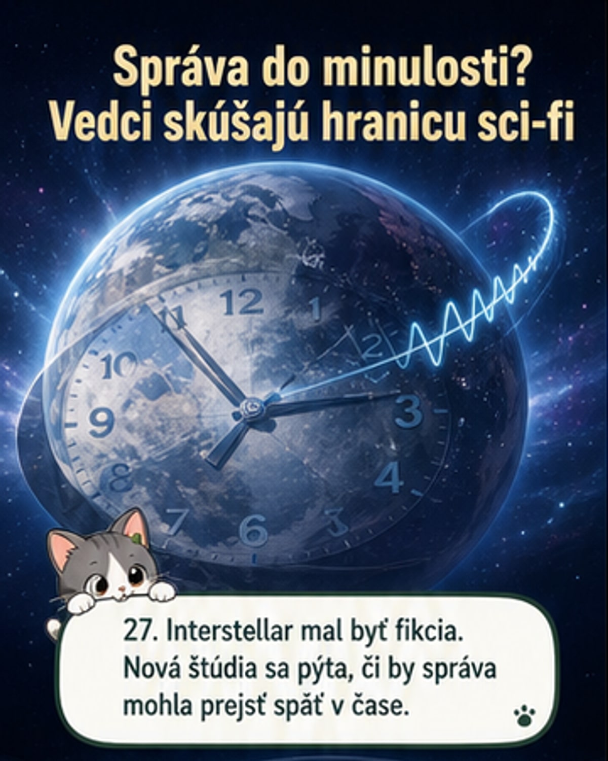 Ilustrácia vedca v laboratóriu, ktorý posiela svetelný signál cez časovú slučku inšpirovanú čiernou dierou a gravitačnými vlnami, na pozadí scéna z filmu Interstellar.