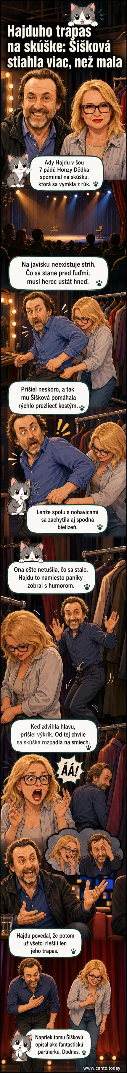 Ilustrácia z divadla: herec Ady Hajdu stojí na scéne, zatiaľ čo herečka Anna Šišková ho náhodne vyzlieka.
