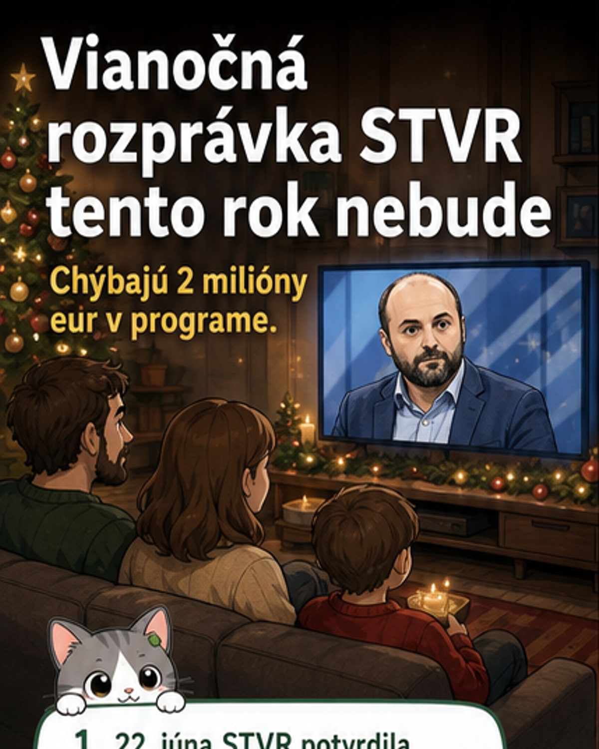 Ilustrácia známej slovenskej televíznej rozprávky, ktorá sa tento rok neobjaví – symbolický záber na vianočný darček s nápisom STVR a červeným krížom cez neho.
