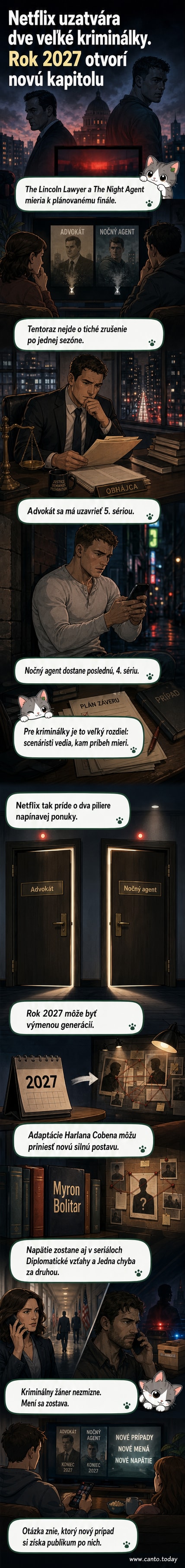 Ilustrácia dvoch seriálových postáv – advokáta a agenta – na pozadí súdnej sienky a tajnej miestnosti, symbolizujúca koniec éry kriminálnych príbehov na Netflixe.