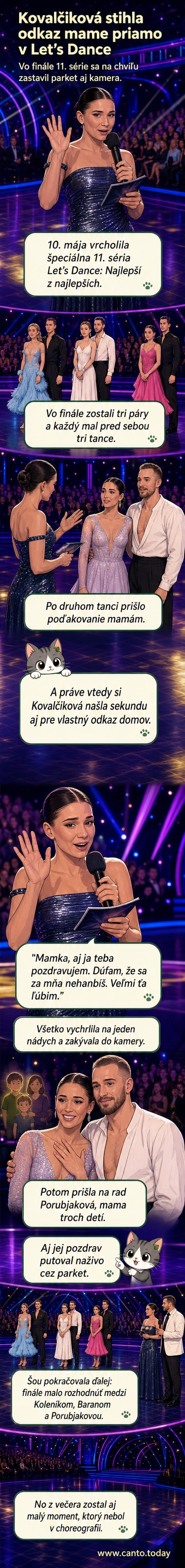 Moderátorka Jana Kovalčiková počas priameho prenosu Let’s Dance hovorí do kamery s rukou pri srdci, na pozadí tanečná scéna a publika.