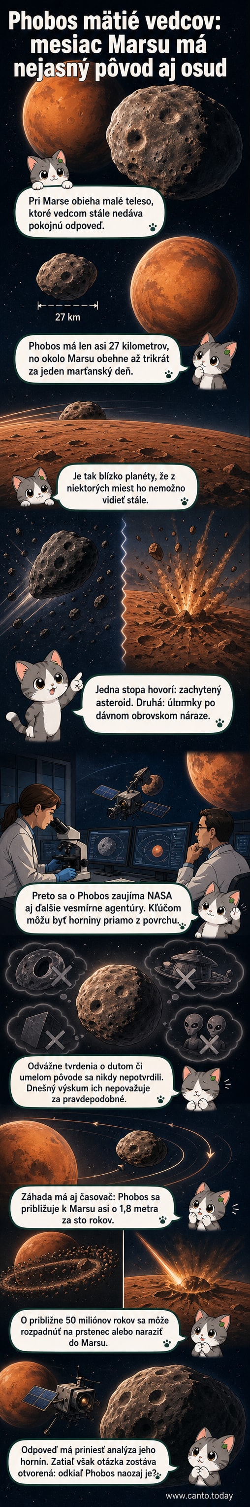 Ilustrácia mesiaca Phobos, ktorý obieha okolo Marsu, s výrezom jeho nepravidelného tvaru a blízkou dráhou k planéte.