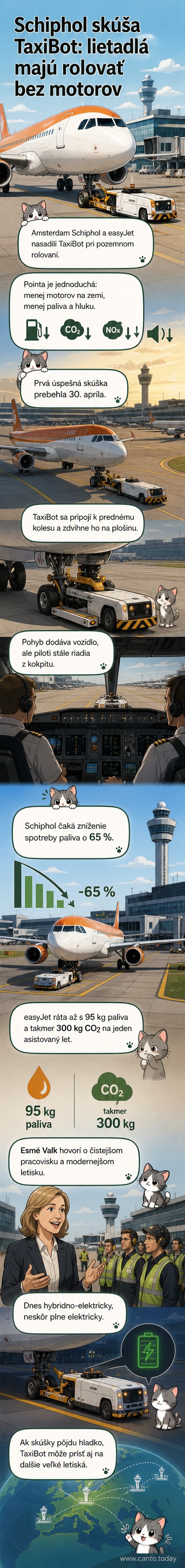 Ilustrácia: lietadlo Boeing 737 je pripojené k TaxiBotu na letisku Schiphol, na pozadí kontrolná veža a terminál.
