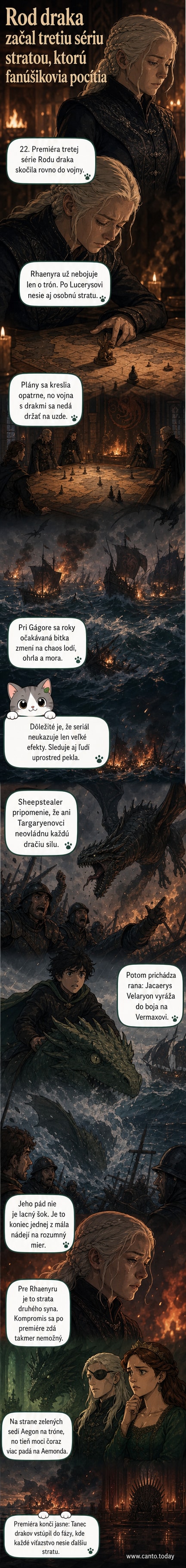 Čierna silueta draka na pozadí horiacej lode, s postavou v diaľke padajúcou do mora.