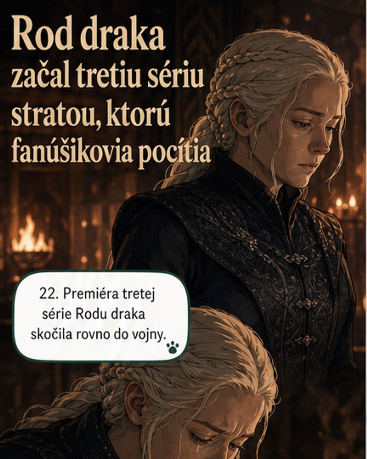Čierna silueta draka na pozadí horiacej lode, s postavou v diaľke padajúcou do mora.