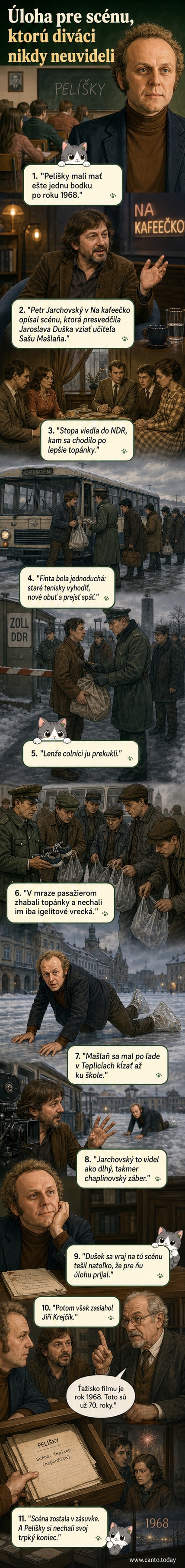 Ilustrácia: Učiteľ Saša Mašlaň sa plazí po zasneženom námestí v igelitových vreckách na nohách, zozadu autobus s nápisom NDR.